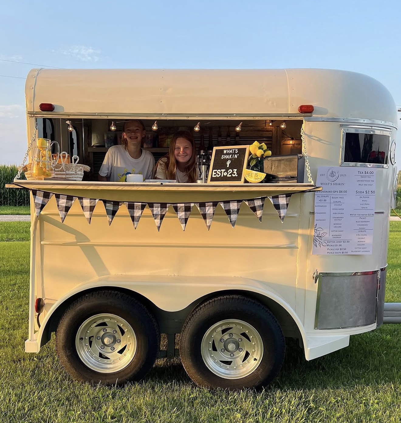 What's Shakin' trailer at golden hour with Bailey and Camryn